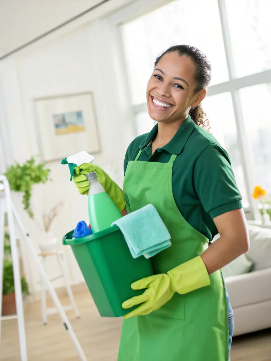 A high-resolution photo of a CleanWave cleaning professional smiling and giving a thumbs-up, showcasing their friendly and reliable service during a move-out cleaning.