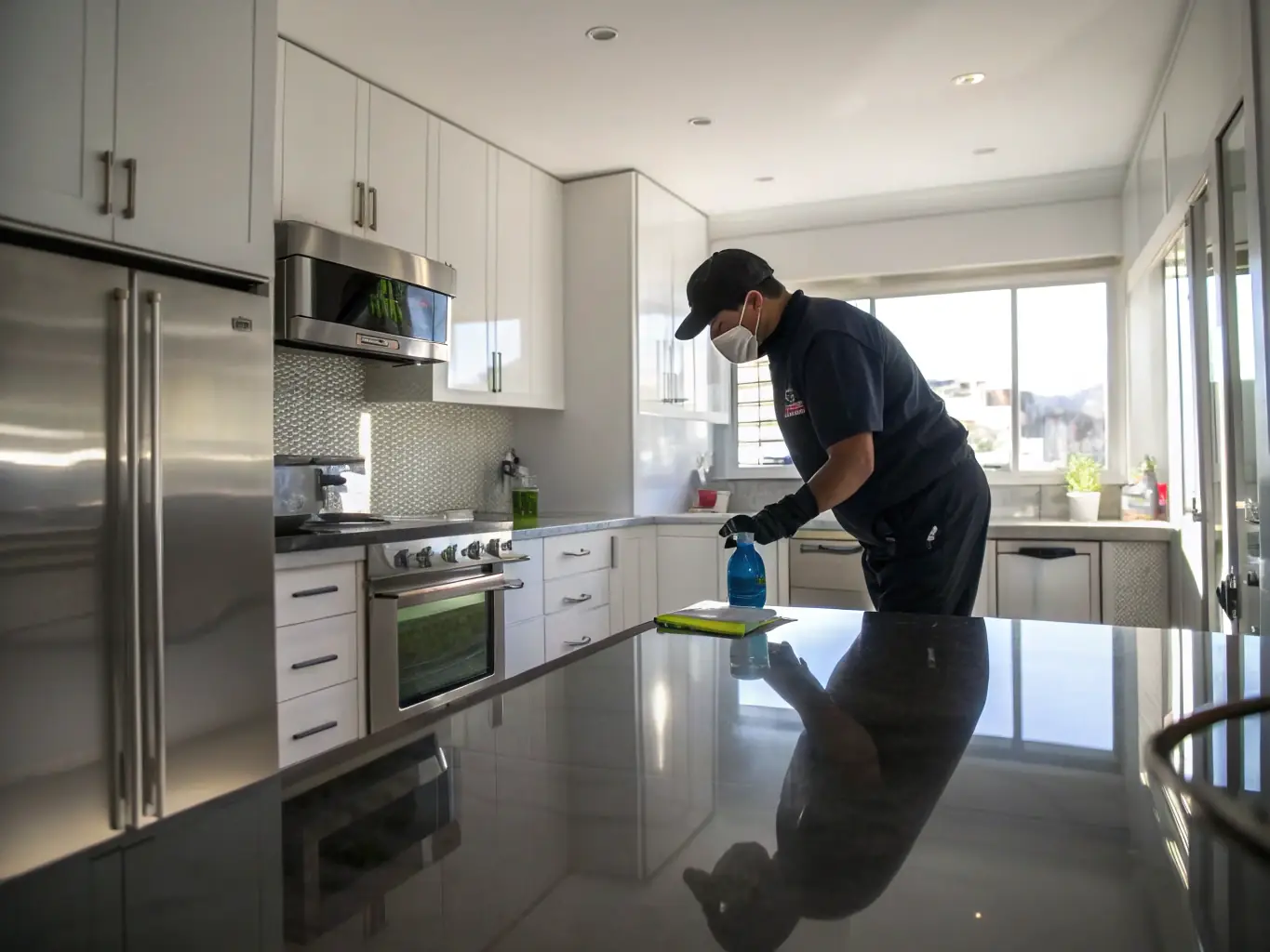 A CleanWave cleaner is shown mopping the floor in a kitchen, showcasing the comprehensive nature of their monthly cleaning service.