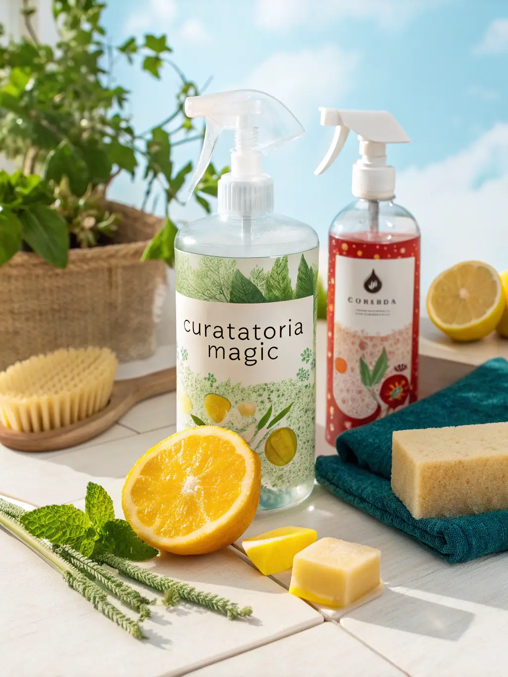 An image of CleanWave cleaning products with eco-friendly labels, highlighting the company's commitment to using sustainable and safe cleaning solutions.