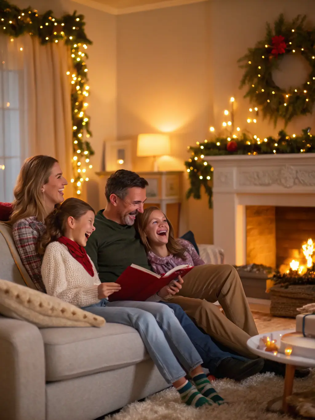 A family enjoying quality time together in a clean and comfortable living room, illustrating the benefit of spending more time with loved ones instead of cleaning. The atmosphere is warm and inviting, emphasizing the importance of family time.