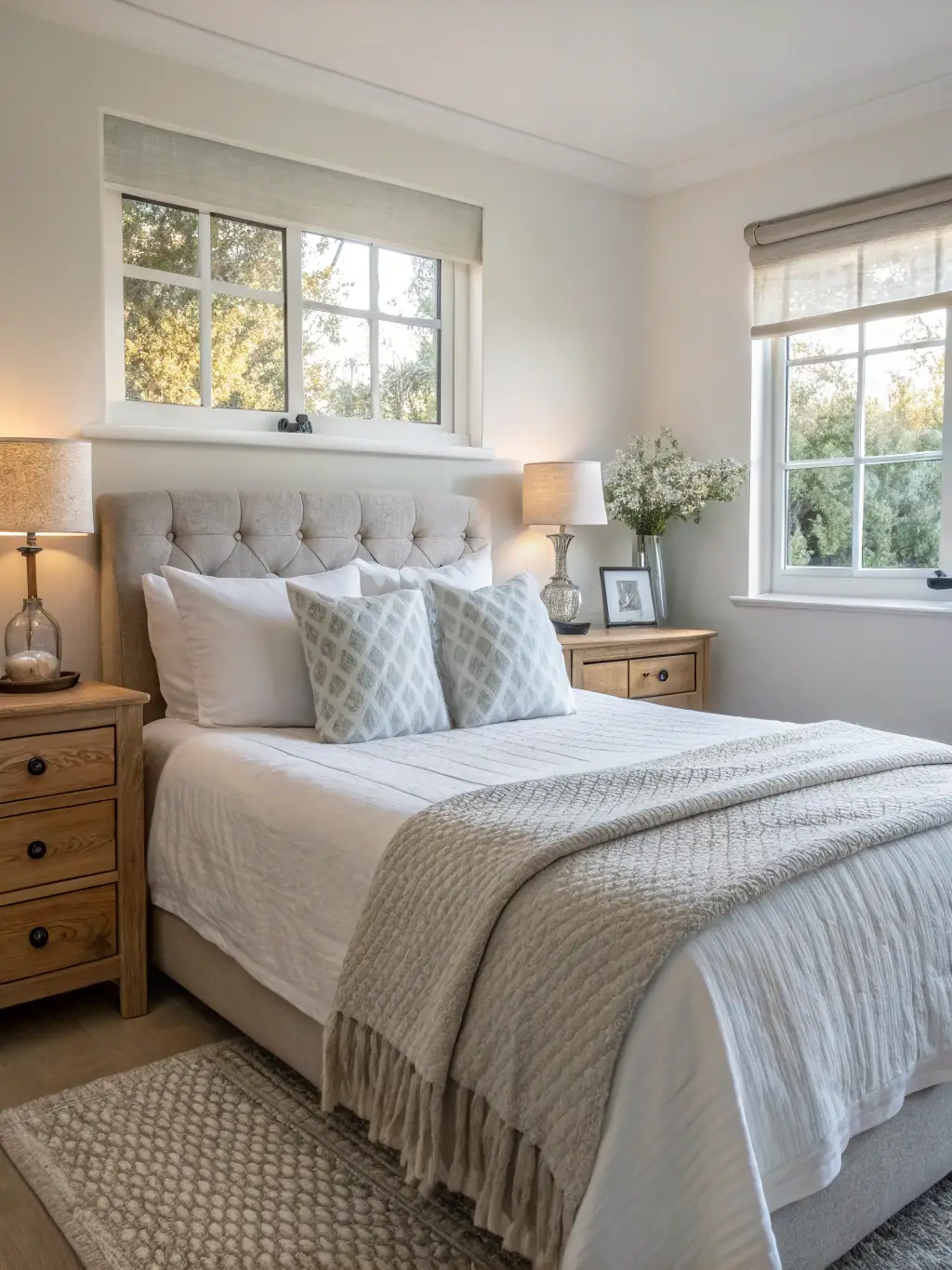 A serene bedroom with freshly made bed and soft lighting, conveying a sense of peace and relaxation. The room is spotless and clutter-free, emphasizing the peace of mind that comes with a clean home.