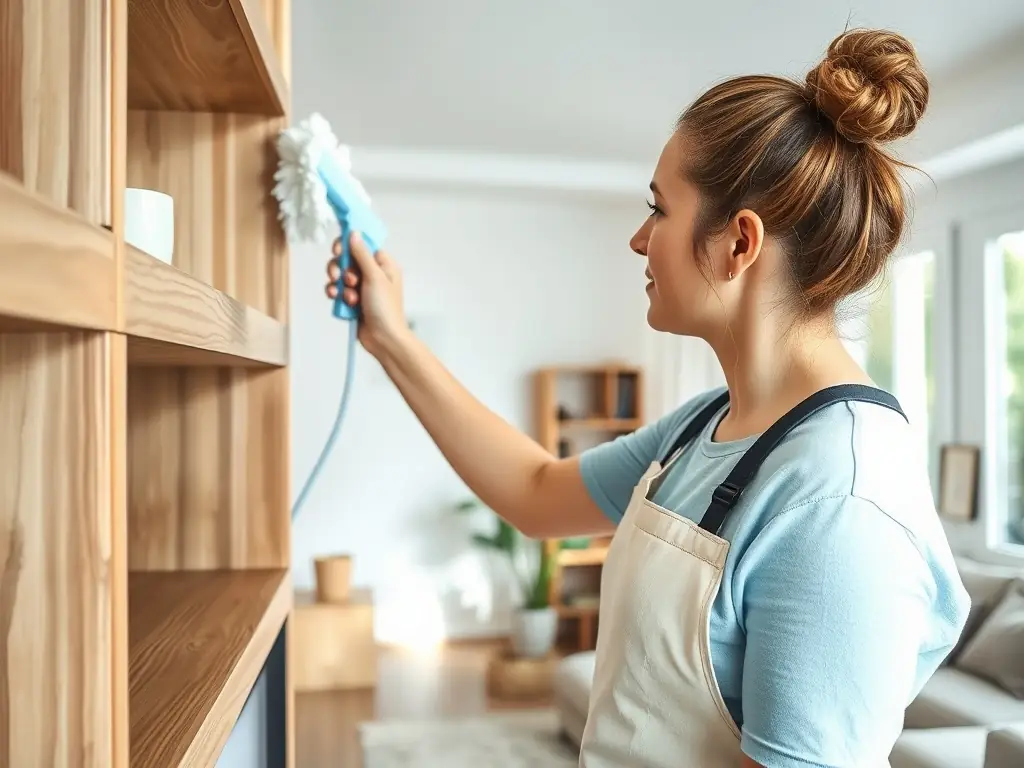 A CleanWave professional cleaner is shown carefully dusting a shelf in a modern living room, highlighting the attention to detail in their recurring cleaning service.