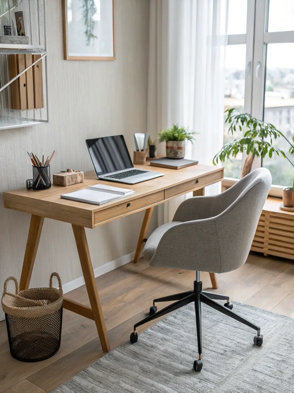 A person relaxing in a clean and organized home office, highlighting the time savings gained from using a cleaning service. The individual is smiling and appears stress-free, emphasizing the benefit of having more free time.