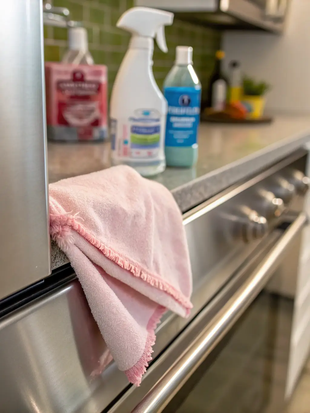 A close-up shot of a CleanWave cleaner meticulously cleaning a kitchen appliance, emphasizing their attention to detail and thoroughness.